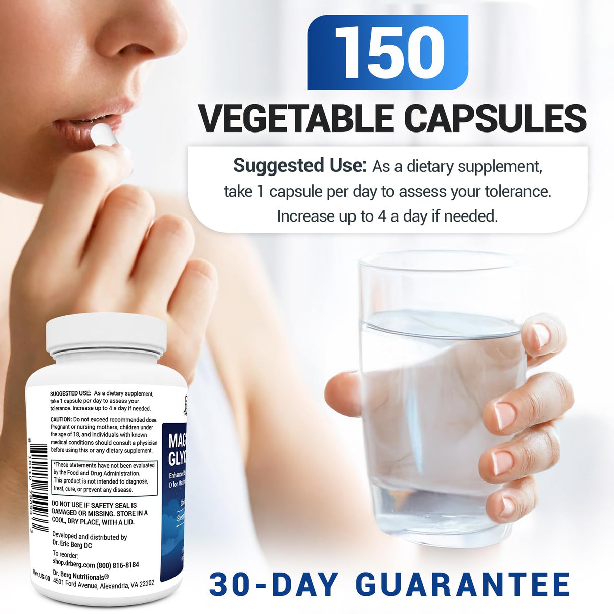 Dr. Berg Maximum Strength 4-in-1 Chelated Magnesium Glycinate with Clean, Potent & Pure Ingredients | 4X Lab-Tested & Verified | USA Formulated Magnesium Supplement Capsules | 150 Capsules