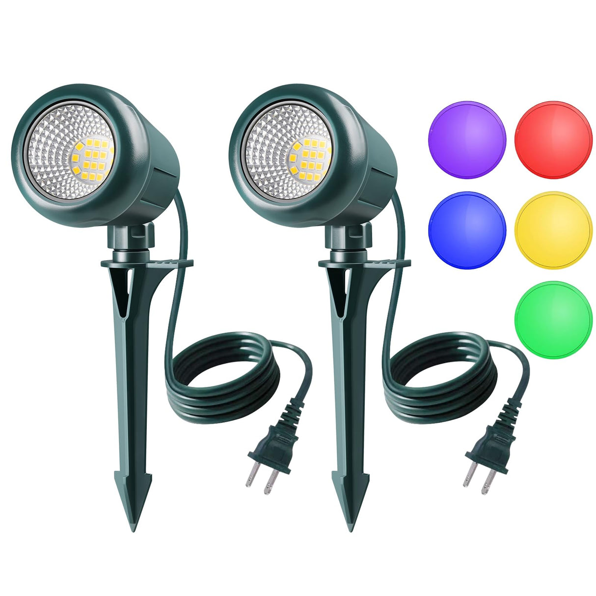 Halloween Spotlights Outdoor, 120V Plug-in Christmas Spot Light, 5000K LED Landscape Lighting with 5 Color Lenses (Red Green Blue Purple Yellow), IP67 Waterproof, 2 Pack