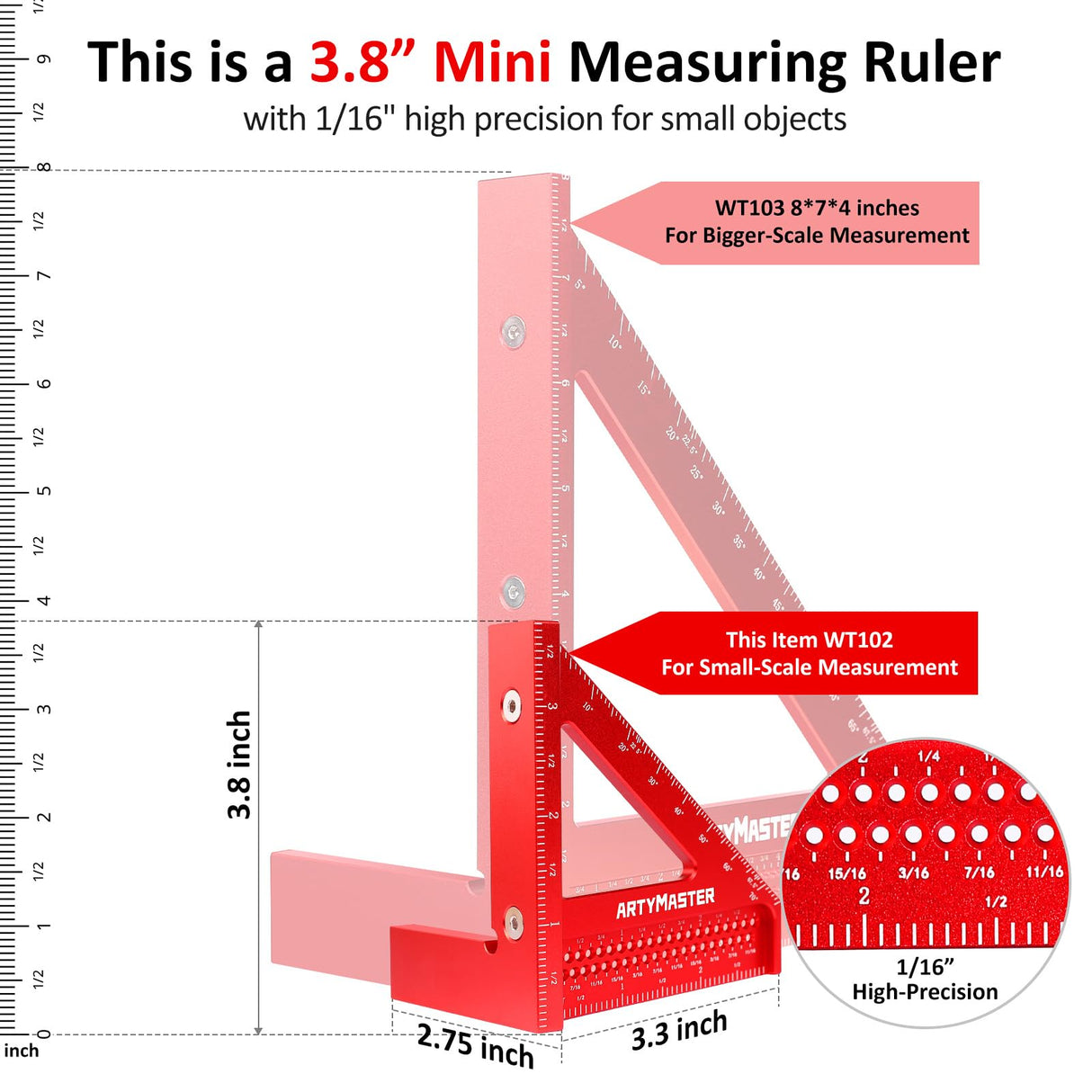 3.8"Mini 3D Multi-Angle Measuring Square Ruler, WT102A High Precision Hole Scribing Woodworking Tools, 0-90° Aluminum Alloy Carpenter Square Wood Working Tools, Carpenter Pencils 6 Refills.