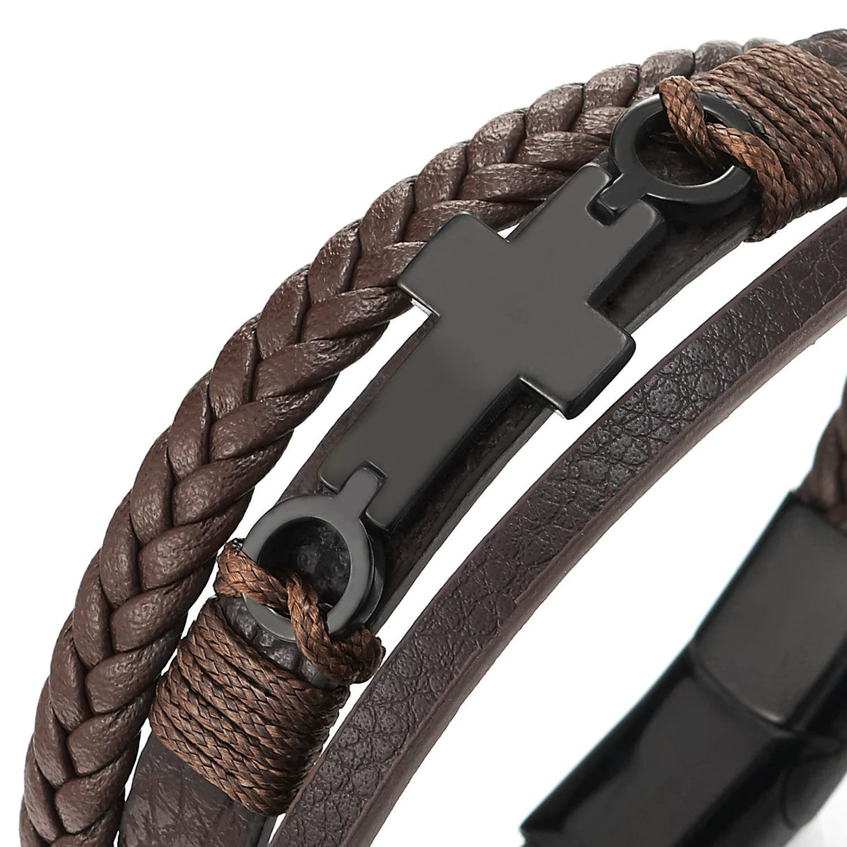 COOLSTEELANDBEYOND Men's Brown Layered Leather Bracelet With Black Cross Bar Centerpiece, Braided and Smooth Strap Design, Black Clasp Wristband, Modern Faith Style Accessory