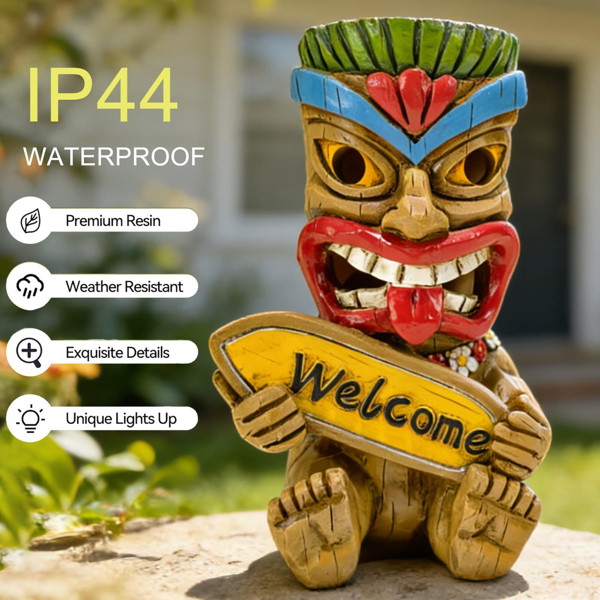 Suyorpe Miniature Tiki Garden Statue Solar Outdoor Decorations - Tiki Bar Welcome Sign Lights for Patio Yard Lawn Ornaments Gifts for Birthday Housewarming Summer 3.2''(W) x 3.4''(D) x 5.9''(H)