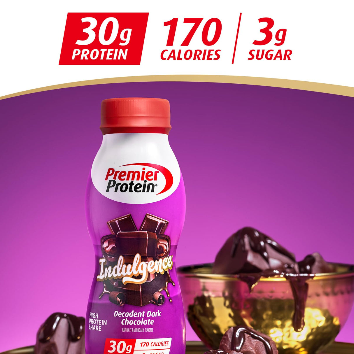 Premier Protein Indulgence Protein Shake, 30g Protein, 3g Sugar, Decadent Dark Chocolate, 11.5 fl oz, Pack of 12
