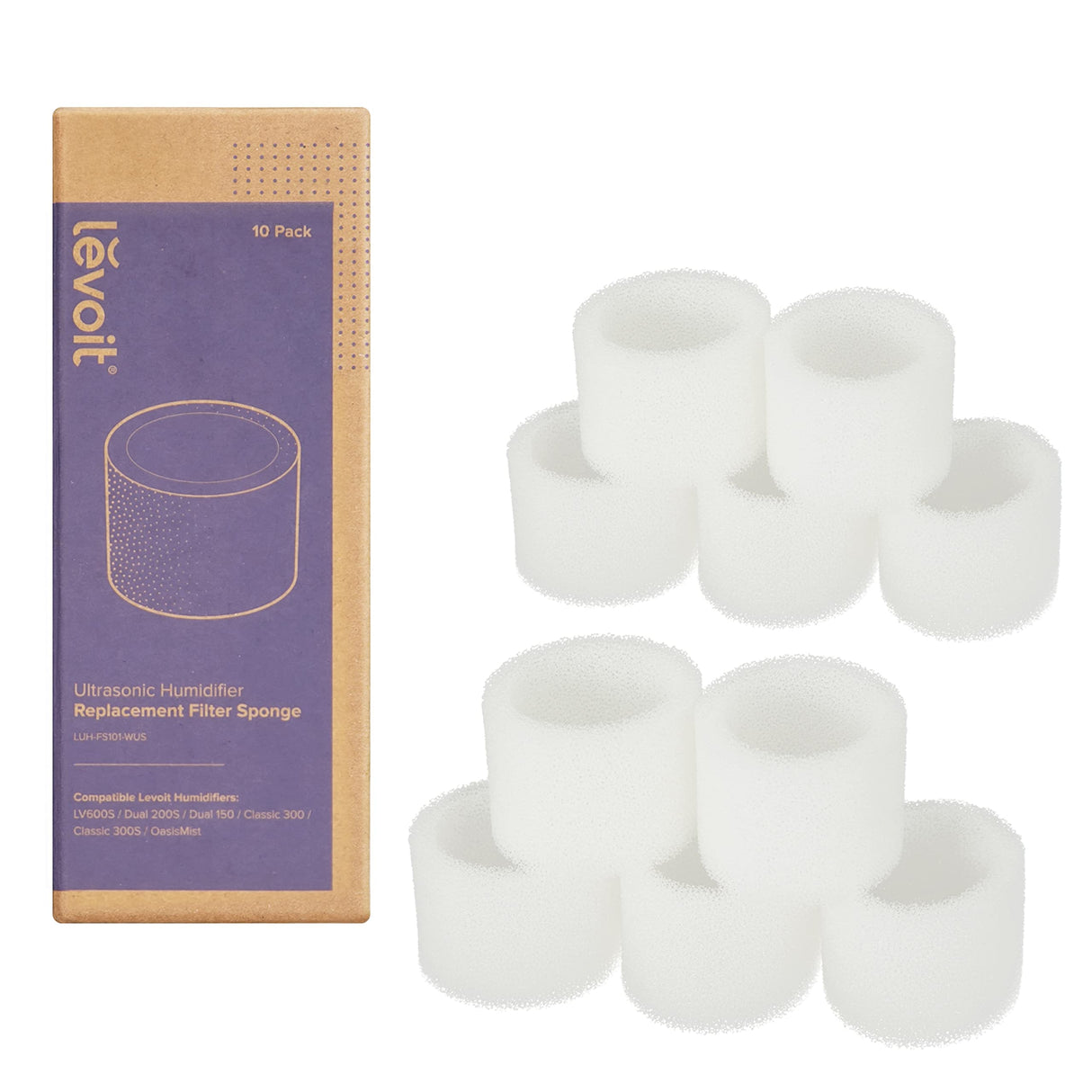 Levoit 10-Pack Humidifier Replacement Filters Capture Fine Particles in Water Tank to Improve Humidification Efficiency, Compatible with Classic 160, Dual150, Dual200S, LV600S, 10 Pack, White