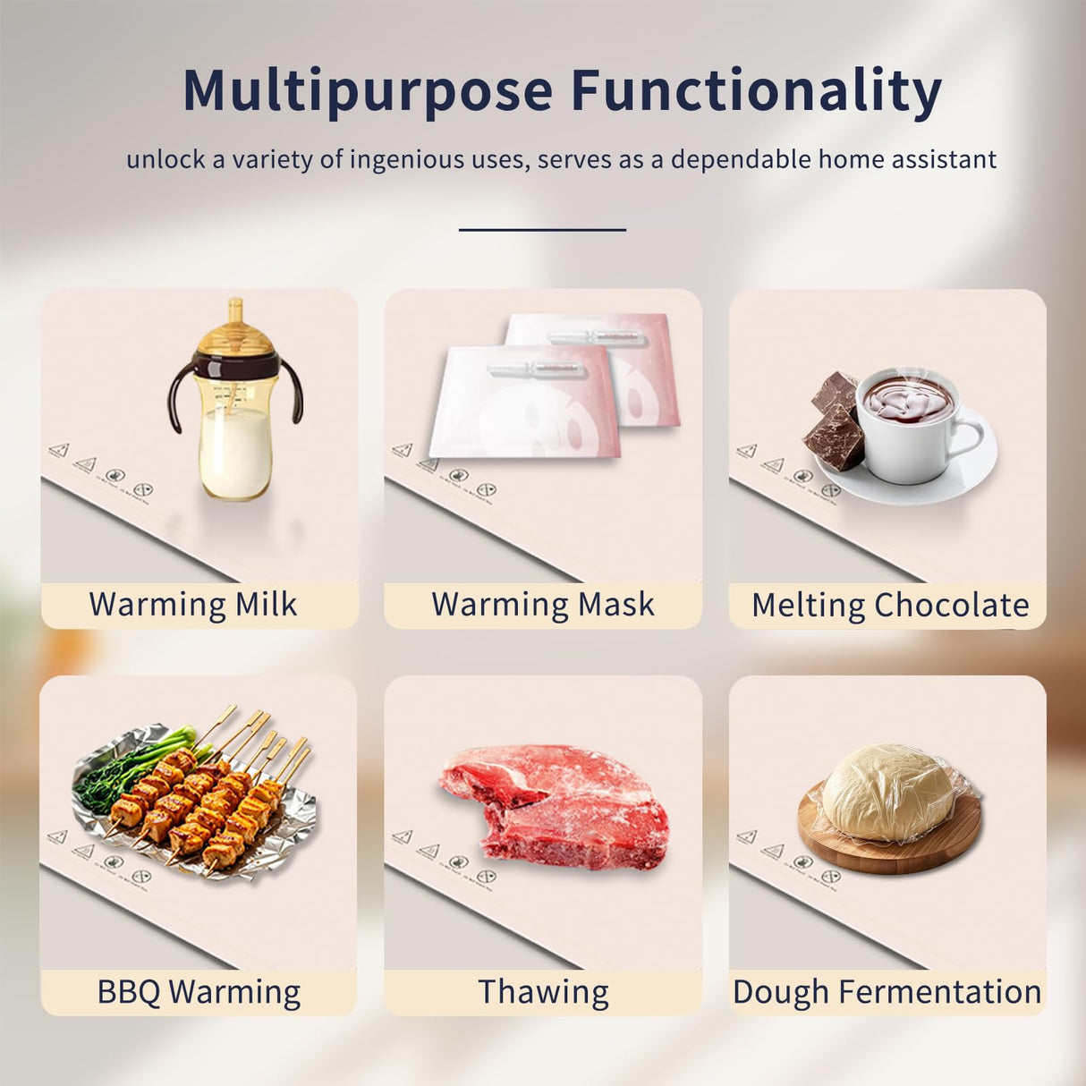 Fast Heating Warming Mat for Food with 3 Temperature and 4 Timer Settings,Waterproof Fexible Silicone Food Heating Mat with UV Coating Easy to Clean and Storage(Khaki, 60x40CM)