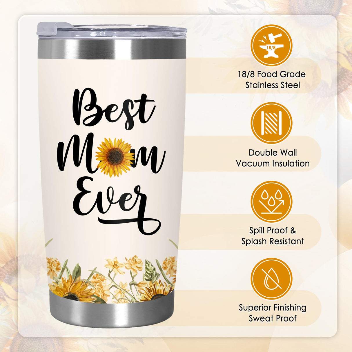 TEEZWONDER Christmas Birthday Gifts for Mom from Daughter Son - #1 Nutrition Facts Sunflower Stainless Steel Insulated Coffee Tumbler with Lid 20 oz - Mothers Birthday Gifts for Mama Grandma Women