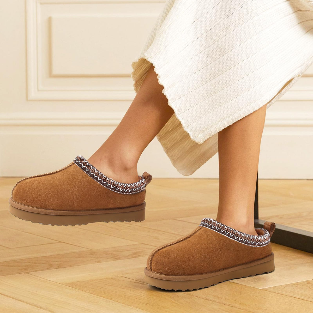 Litfun Women's Genuine Suede Fur Lined Slippers Fuzzy Winter House Shoes