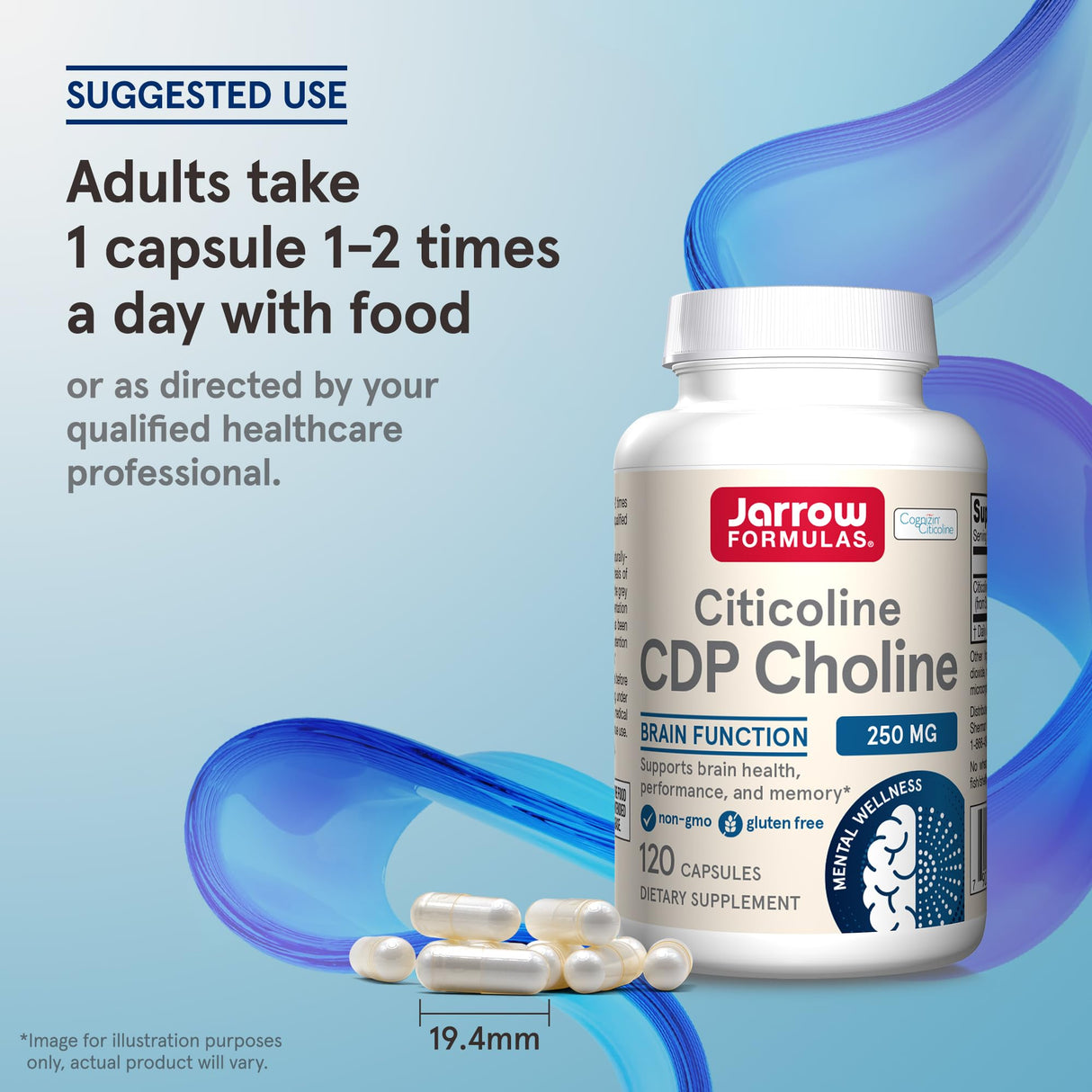 Jarrow Formulas Citicoline CDP Choline 250 MG, CDP Choline Supplement Supports Brain Health, Performance and Memory, 120 Capsules, Up to a 120 Day Supply
