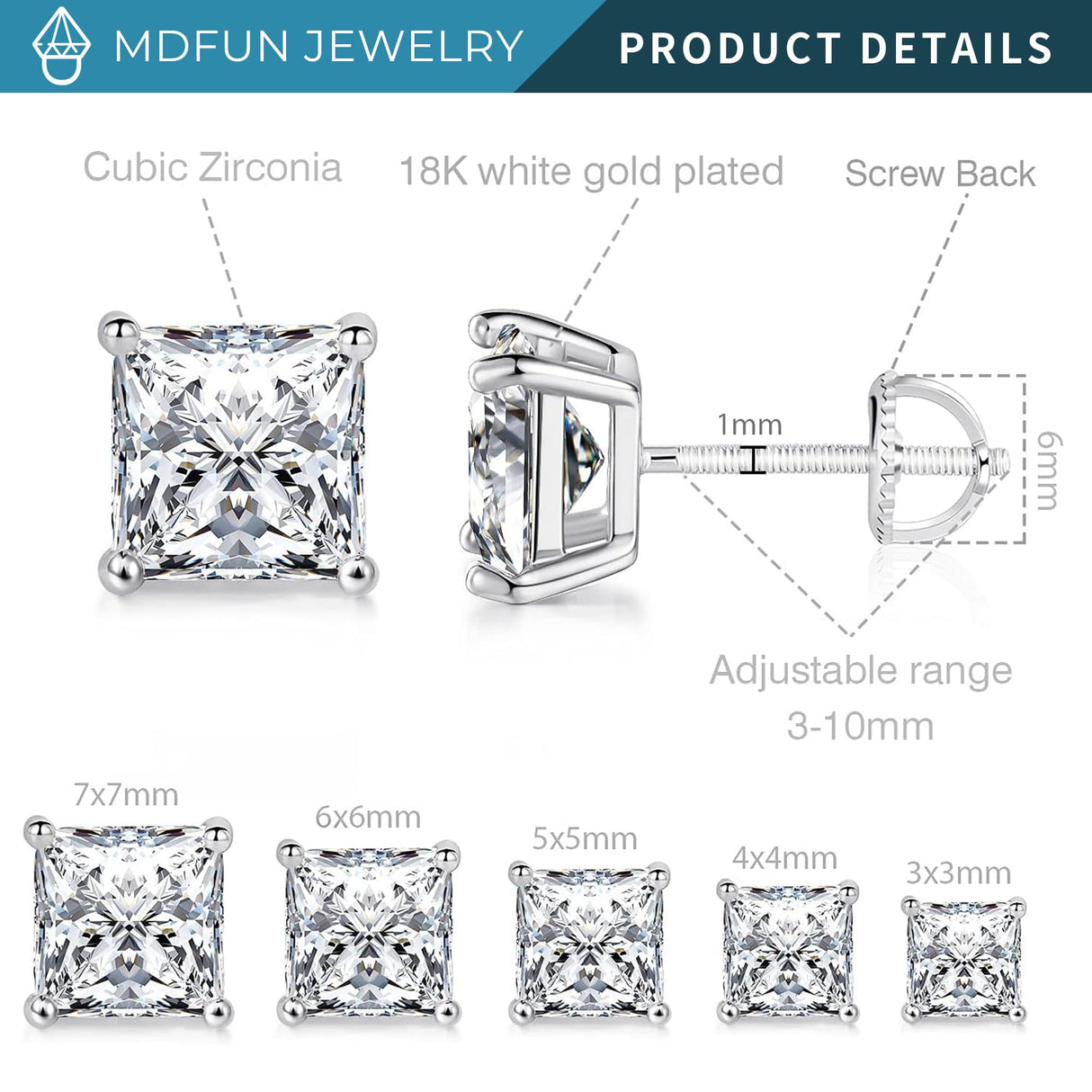 18K White Gold Plated Princess Cut Cubic Zirconia Screw Back Stud Earring Pack of 5 Pairs (5 Pairs)