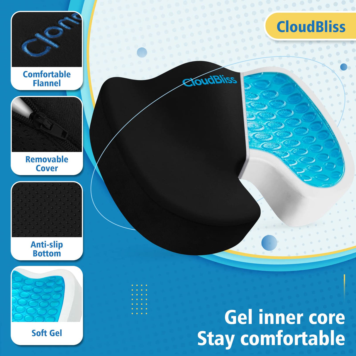 CloudBliss Large Office Chair Seat Cushion, Cooling Gel Enhanced Memory Foam for Long Sitting - Back, Sciatica, Coccyx, Tailbone Pain Relief Pillow - for Wheelchair,Office, Gaming, Car - Black