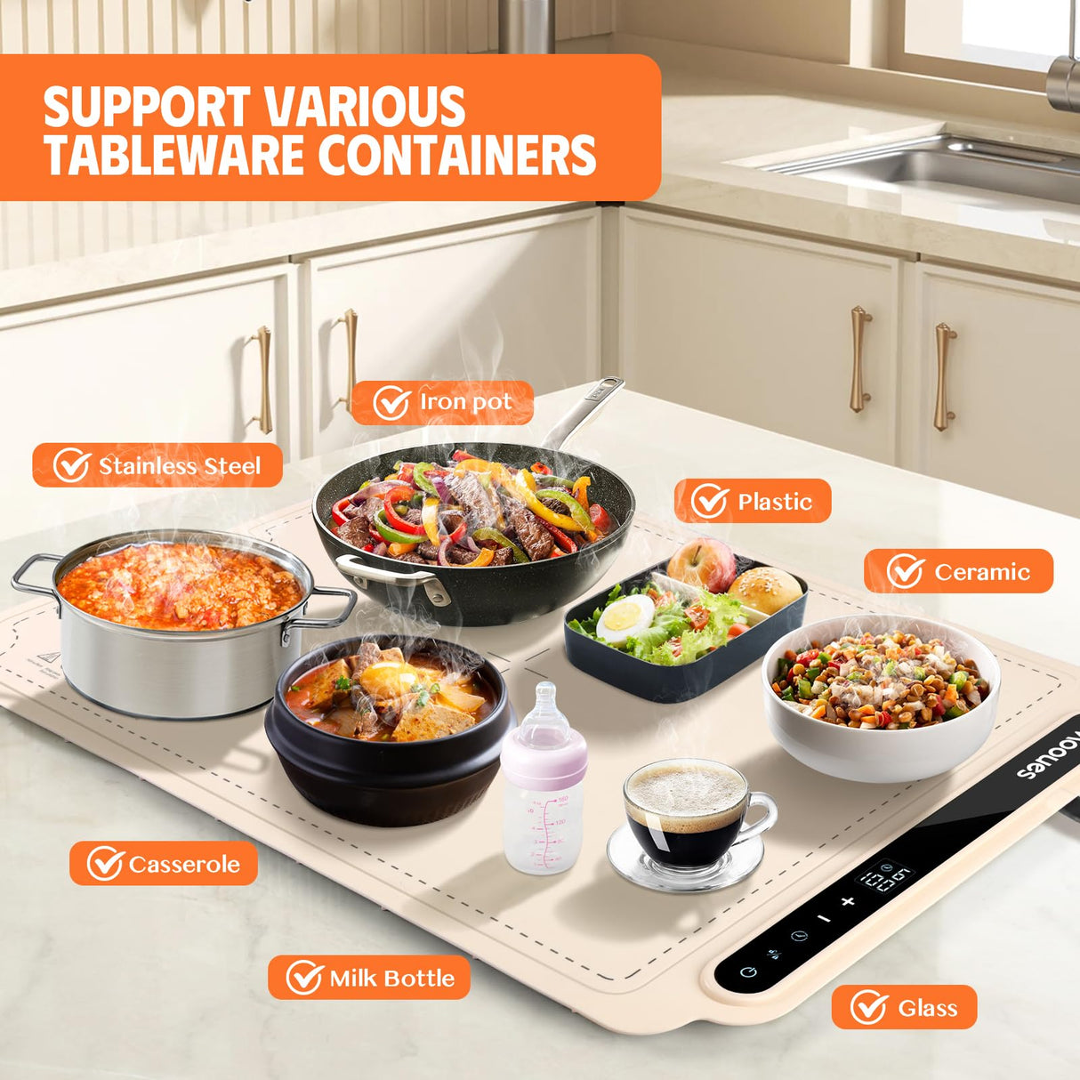 Warming mat for Food, Food Warmer Mat, Portable Silicone Food Warming Mat, Versatile Full Surface Heating Food Warmer with 7 Level Temperature and 6 Hours Timer for Home Dinner (Cream Color)