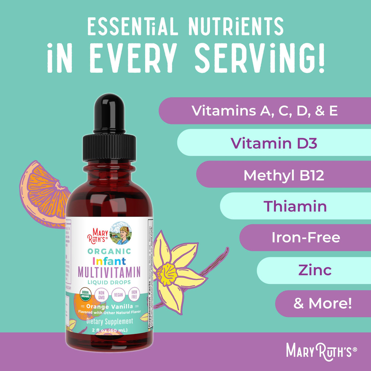 MaryRuth Organics Multivitamin for Infants | USDA Organic | Multivitamin Liquid Drops for Babies 6-12 Months | Immune Support & Overall Wellness | Vegan | Non-GMO | Gluten Free | 2 Fl Oz