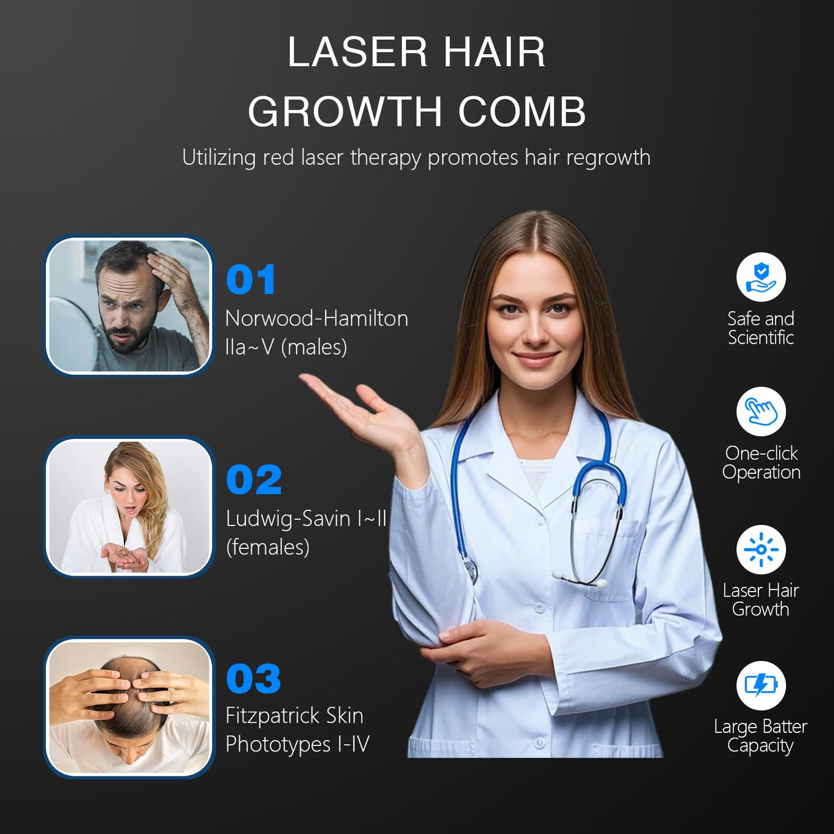 Jitesy Laser Therapy Hair Growth Comb, Red Light Therapy for Hair Growth, FDA Cleared Laser Comb System, Hair Loss, Hair Thinning & Alopecia Treatment for Men & Women Homeuse