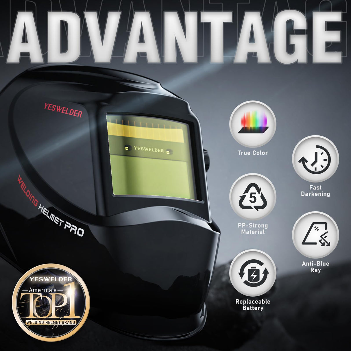 YESWELDER Auto Darkening Welding Helmet, Blue Light Blocking, 1/1/1/1 True Color Solar Powered Welding Hood with 2 Arc Sensors, Wide Shade 3.5/9-13 Welder Mask for TIG MIG ARC and Grind