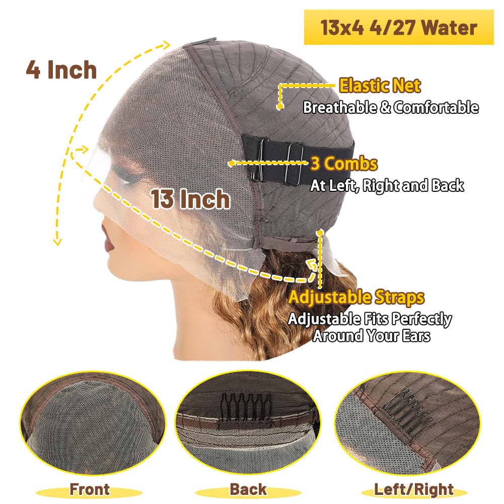 ADESORAES Highlight Ombre Lace Front Wig Human Hair 180% Density 4/27 Honey Blonde Water Wave Lace Frontal Wigs 26 inch Wet and Wavy Curly Glueless Wigs Human Hair Pre Plucked with Baby Hair