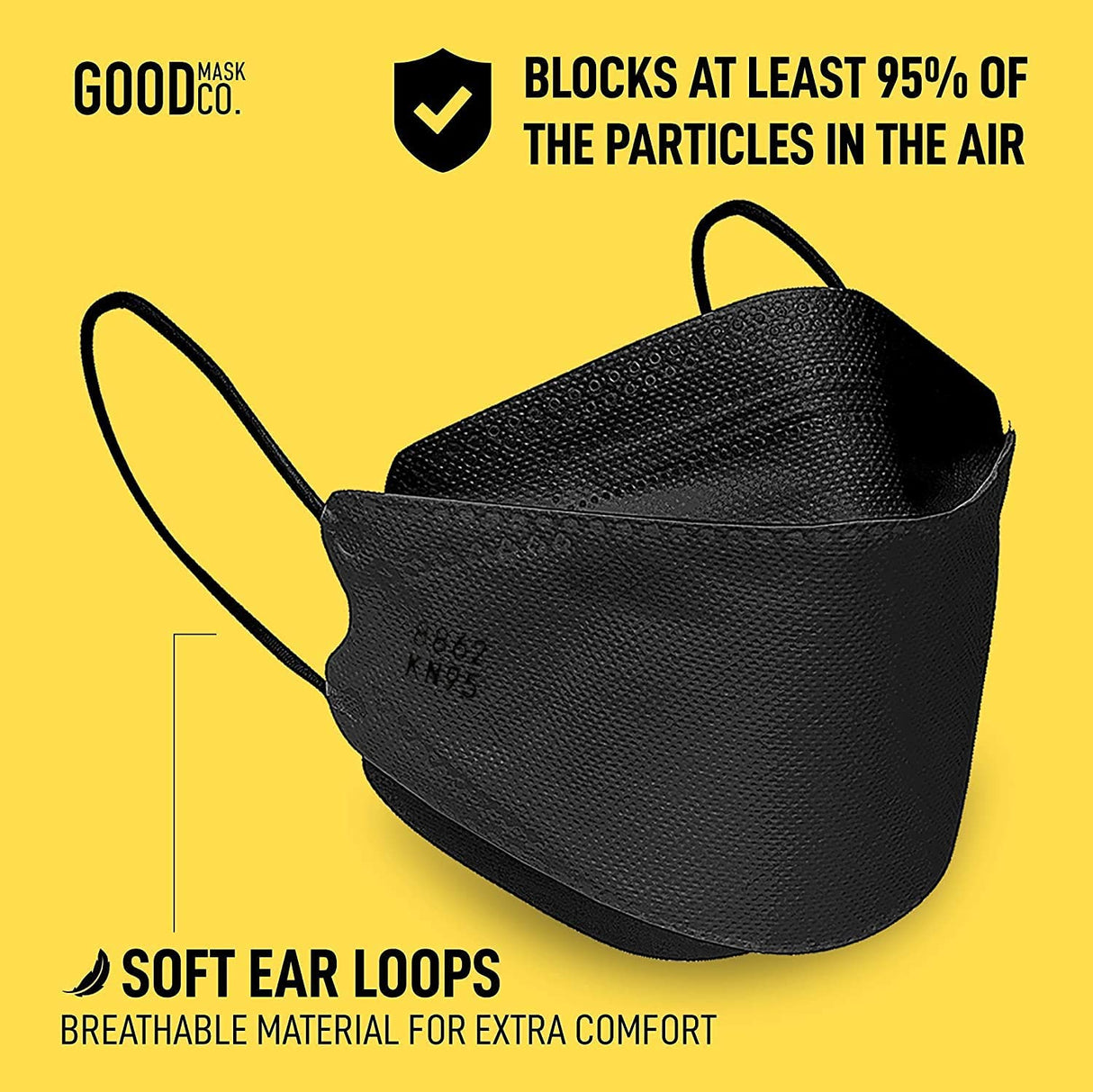 Good Mask Co. Good Comfort KN95 Face Mask, Disposable, Folding, Comfortable, Bulk (25 Pack, Black)
