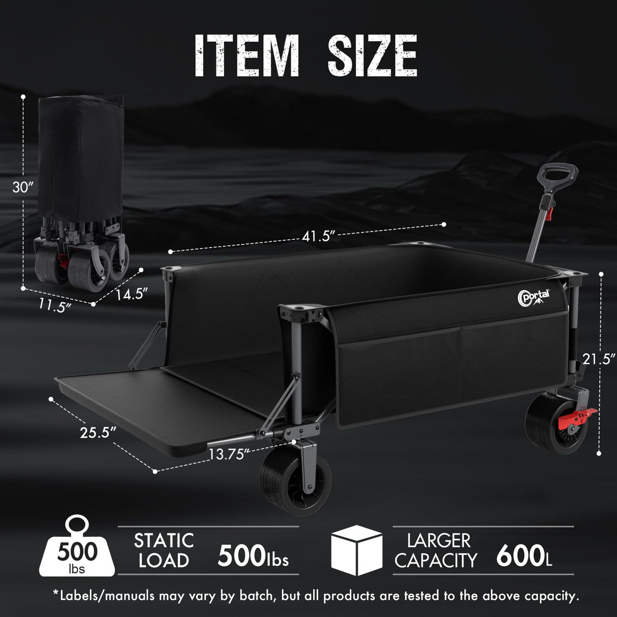 Portal 26" Extra Wide 55" Long Foldable Wagon with Tailgate, Large 600L Collapsible Wagon with Cargo Net, 500 LBs Heavy Duty Utility Cart with Big All-Terrain Wheels for Beach, Camping, Sports, Dogs