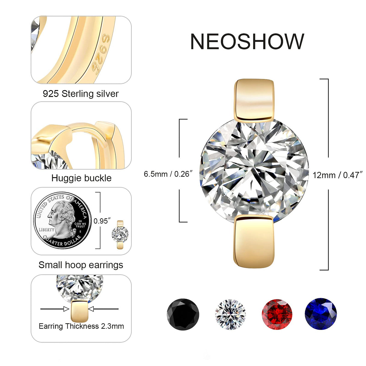 NEOSHOW Tiny Huggie hoop Earrings for Women (Clear)