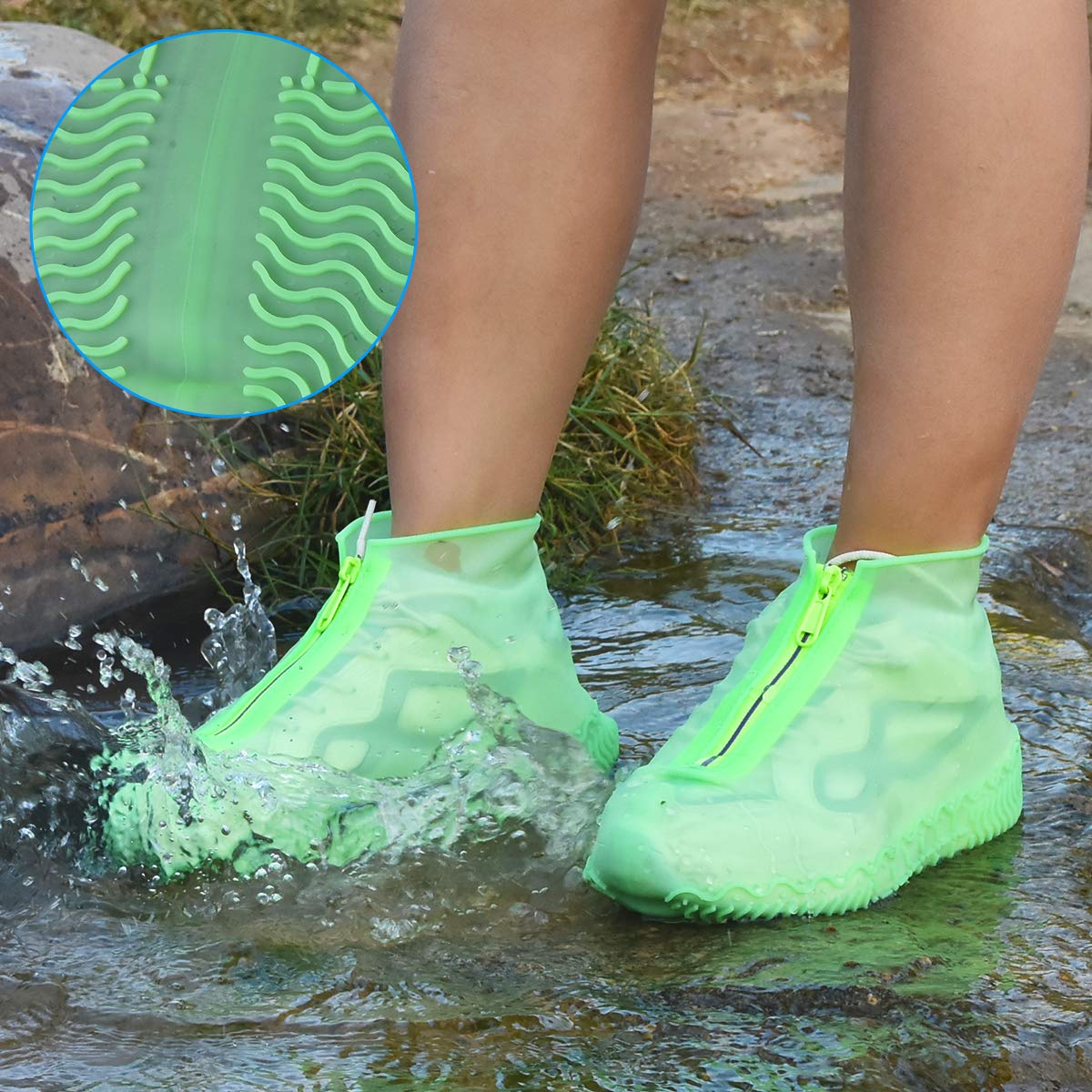 Shiwely Waterproof Shoe Covers, Silicone Reusable Shoe Cover Non-slip Durable Zipper Elastic Rain Cover Protection for Men Women (XL (Women 11-13, Men 9.5-13), Green)