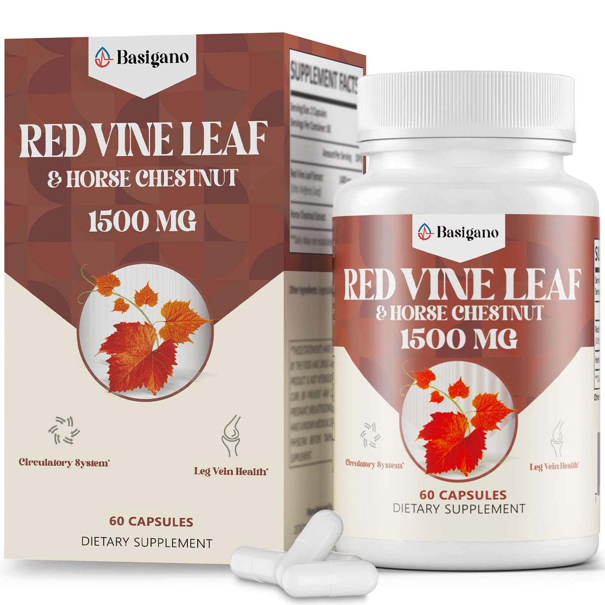 Basigano Red Vine Leaf & Horse Chestnut Extract Capsule Supplements (Vitis Vinifera) 1500mg -Premium Extract for Healthy Veins, Circulation, Heart, Skin