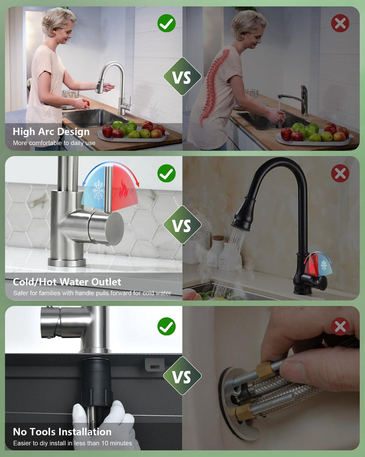 Kitchen Faucet with Pull Down Sprayer, VFAUOSIT Lead-Free Kitchen Sink Faucet Brushed Nickel Stainless Steel High Arc Pull Out Single Hole Kitchen Faucets for Pot Filler, Farmhouse RV Bar Laundry Room