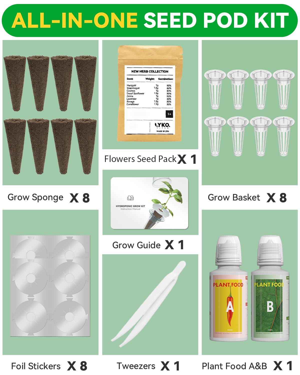 LYKOCLEAN Herb Seed Pod Kit Compatible with AeroGarden Hydroponics Growing System, Complete Indoor Gardening Supply (Vibrant Flower, 8-pods)