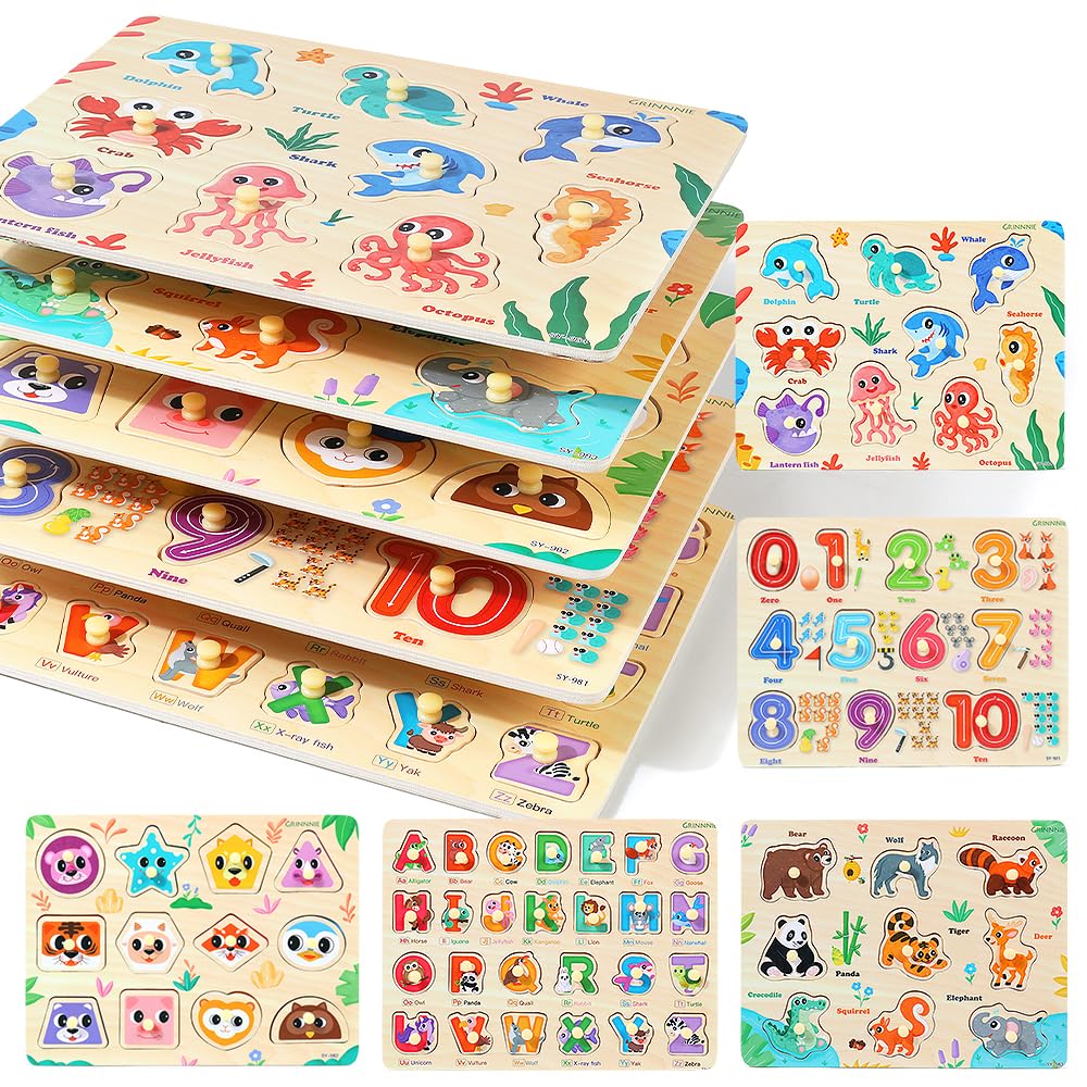 GRINNNIE Wooden Puzzles for Toddlers 3 4 5 Years Old, Montessori Toddler Toys 5PCS Peg Puzzles with Knob - Number, Alphabet, Shape, and Animal, Great Christmas Birthday Gifts for Boys Girls