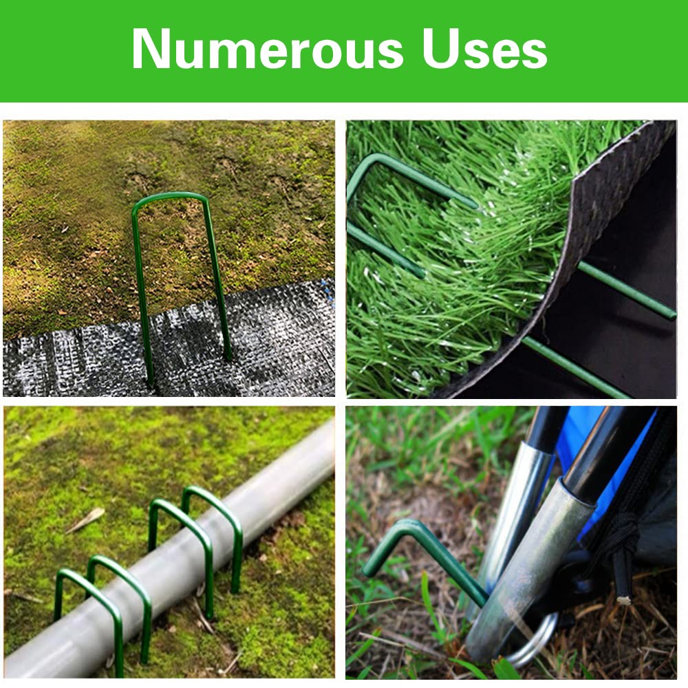 Bakulyor 100Pcs Green Landscape Staples 6 Inch Garden Artificial Turf Stakes Staples, 11 Gauge Lawn Galvanized Ground Fabric Pins for Weed Barrier Sod Decorations Holding Fence and Irrigation Tubing