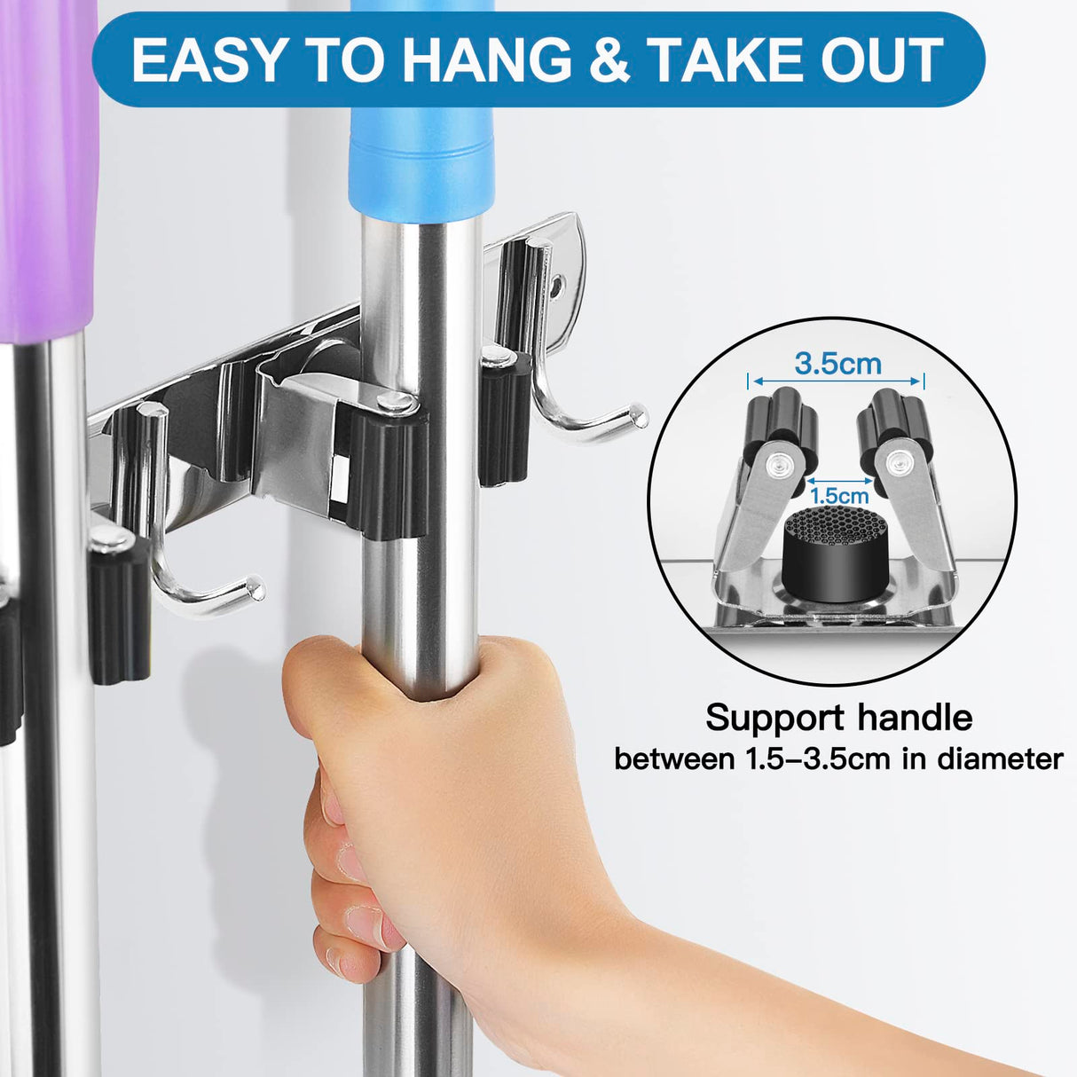 IMILLET 2 Broom Holder Wall Mounted, Stainless Steel Broom Mop Holder Self Adhesive Heavy Duty Hooks Storage Organizer for Home Laundry Room Garden Garage Closet Kitchen(4 Racks with 5 Hooks)