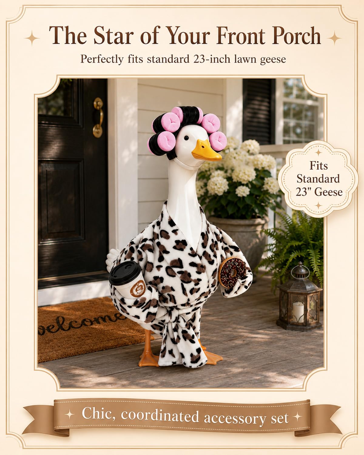 GSPIM Leopard Print Robe Porch Goose Outfits for 23" Goose Statue Funny Retro Home Patio Decor with Hair Curlers Bath Robe Waist Belt Coffee Cup Donut (Leopard Print Bathrobe)