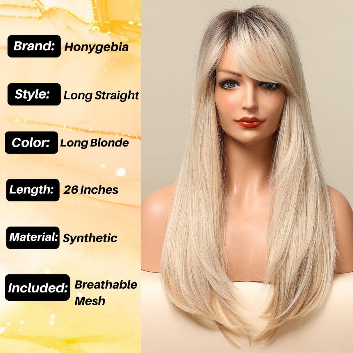 Honygebia Long Blonde Wig with Bangs - Ombre Dark Root Blonde Wigs for White Women, Striaght Wavy Synthetic Heat Resistant Hair, Natural Cute Wigs for Halloween/Christmas/Cosplay/Party