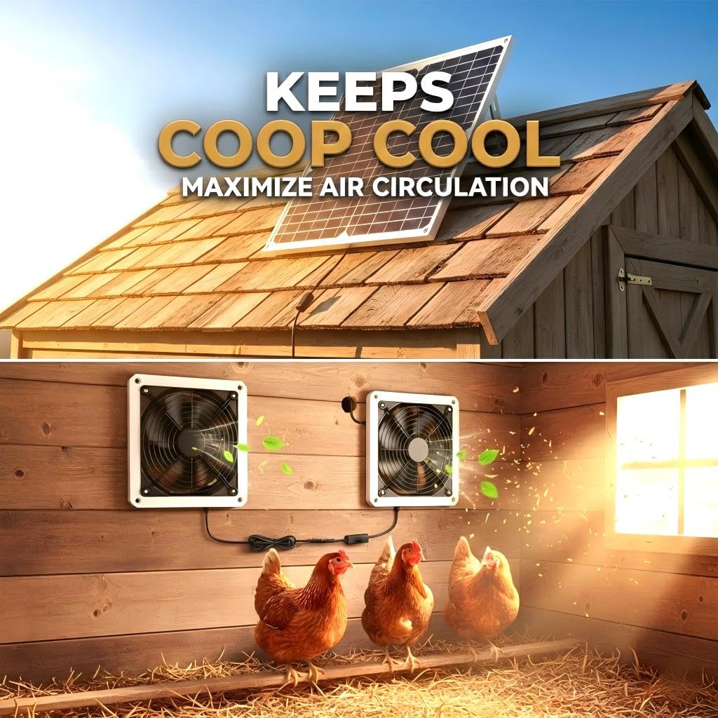 25W Solar Powered Fan for Chicken Coop, Greenhouse, Shed, Upgraded 16.4ft Long Cable Dual Exhaust Fan Kit, IP67 Waterproof Outdoor Solar Fan for Dog House RV Attic Ventilation