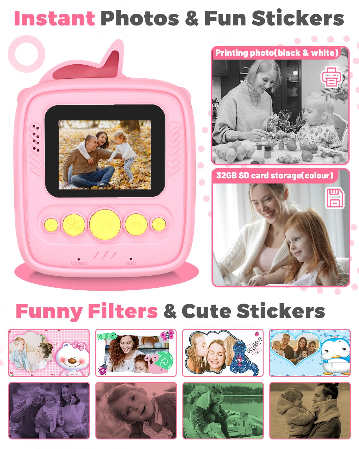 YTETCN Instant Print Camera for Kids 3-12 Years - Kids Camera with 32G SD Card & 3 Rolls Paper, 48MP Photo & 1080P Video, Christmas Birthday Gifts for Toddler Girls Boys