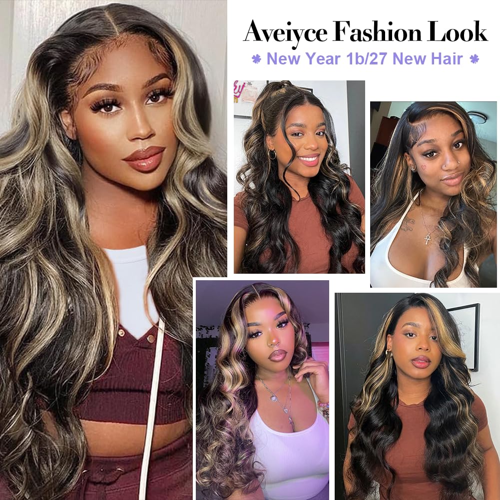 Aveiyce 13x6 1b/27 Highlight Ombre Balayage Lace Front Wigs Human Hair Black and Blonde Body Wave Lace Frontal Wig Pre Plucked with Baby Hair for Black Women HD Transparent 180% Density Wig 24 Inch