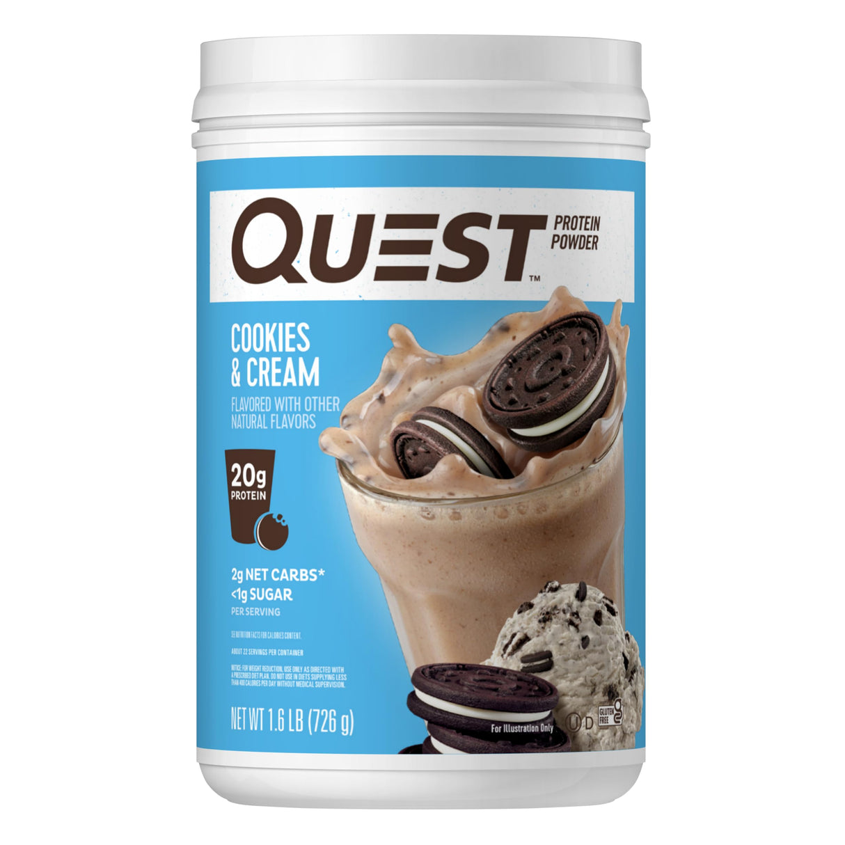 Quest Nutrition Cookies & Cream Protein Powder, 20g Protein, 1g Sugar, Low Carb, Gluten Free, 1.6 Pound, 24 Servings