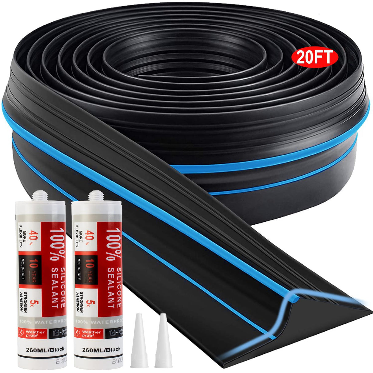 Jin&Bao Universal Garage Door Threshold Seal Strip 20FT Kit, Bottom Waterproof Rubber Weather Stripping Replacement(Blue, 2 Adhesive)