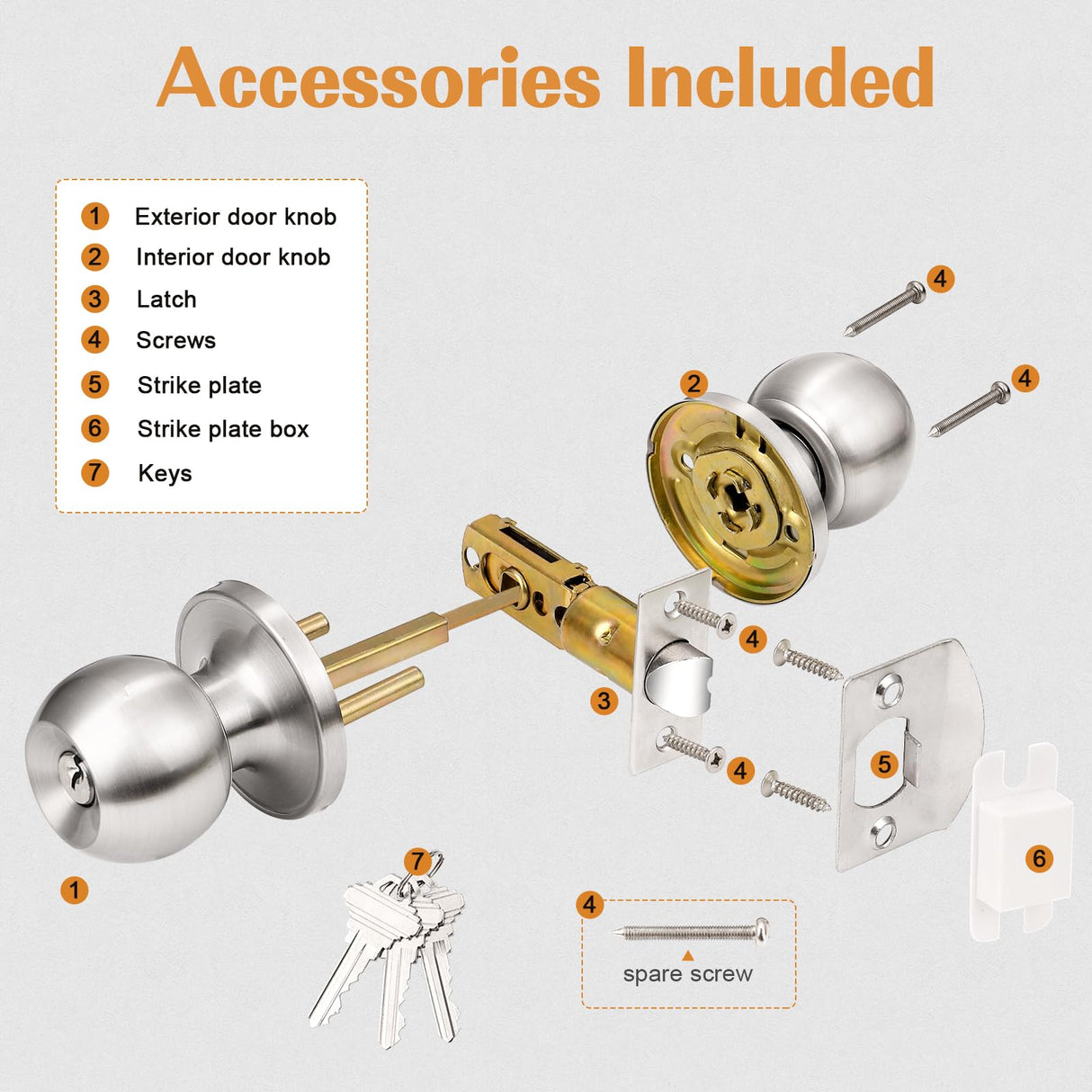 Probrico Brushed Nickel One Keyway Ball Door Knobs Entry Lock with Keys, 3 Pack Keyed Alike Door Locksets, Interior Exterior Keyed Hardware