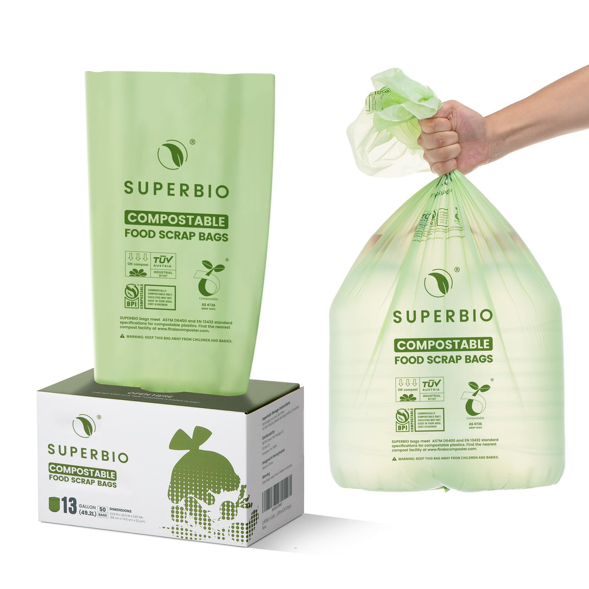 SUPERBIO 13 Gallon Compostable Kitchen Waste Bags, 50 Count, 1 Pack, Flat top Food Scrap bags, Certified by BPI and OK compost INDUSTRIAL, 49.2L, 0.87 Mil