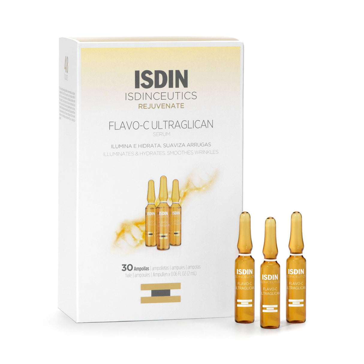 Isdinceutics Flavo-C Ultraglican Vitamin C and Hyaluronic Acid Brightening and Antioxidant Day Serum for Face - 30 ampoules, 0.06 FL OZ x 30