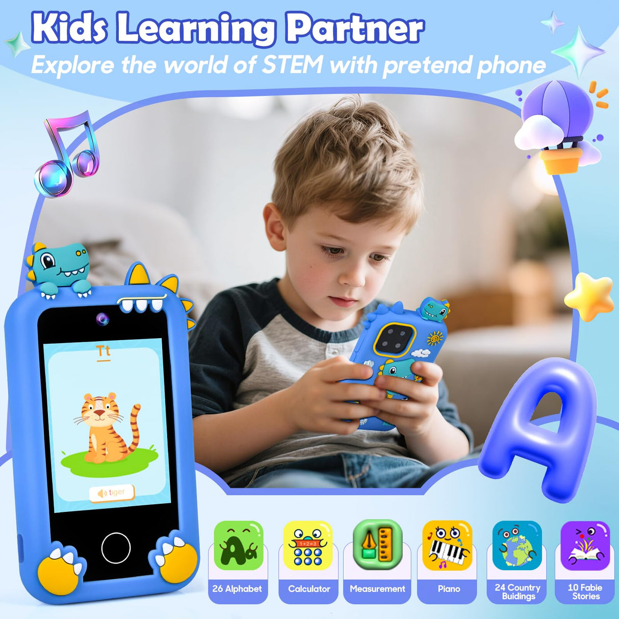 Jusvenmt Kids Phone for Boys, Dinosaur Toy Phone Christmas Birthday Gifts for Boy Ages 3-10, Toddler Learning Phones with Touchscreen, 44 Game, Dual Camera, Music Player, 32GB Card & Dino Bag (Blue)