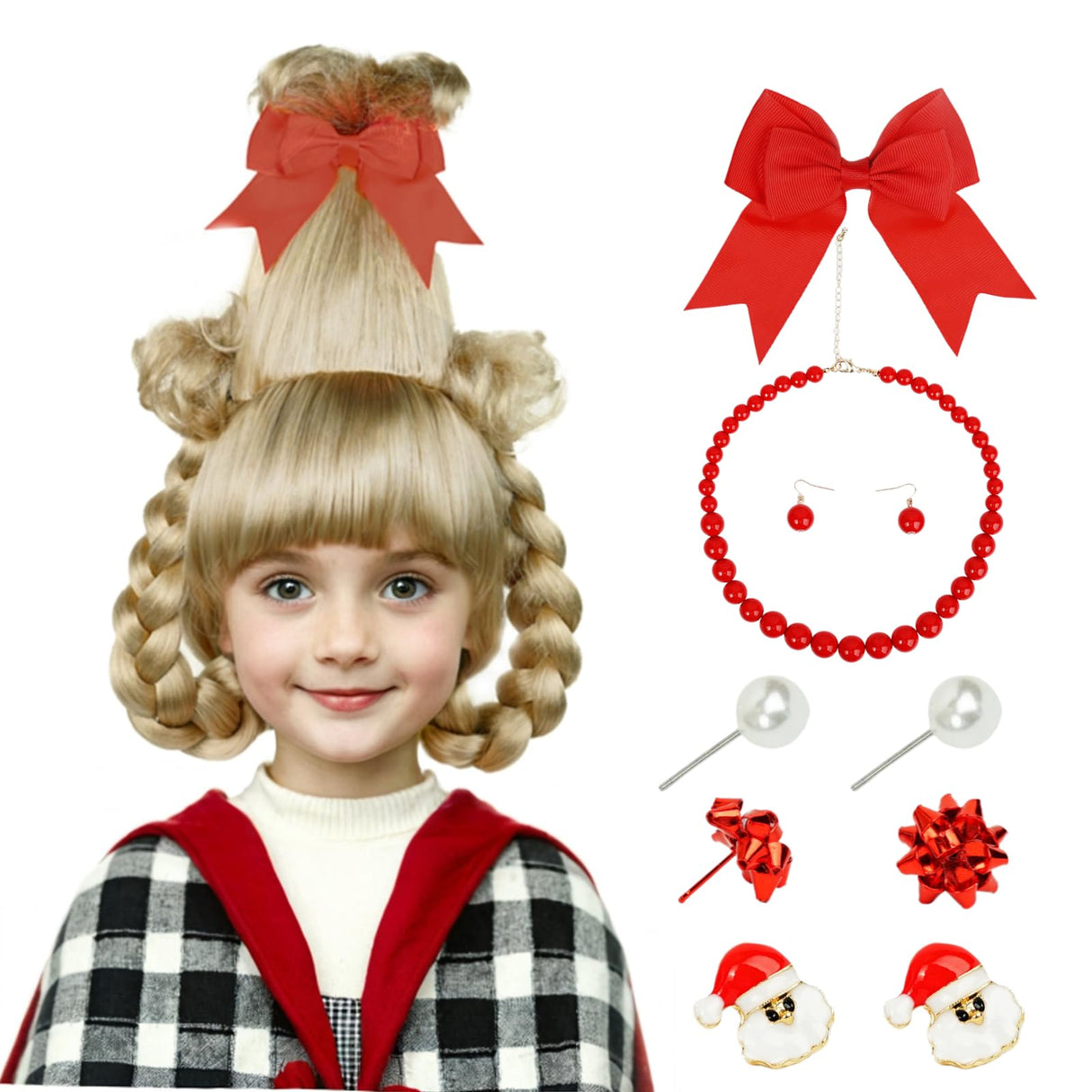 Kids Blonde Braided Wig with Red-bow Earrings, Christmas Cindy Wig with Accessories for Halloween Christmas Costume Party