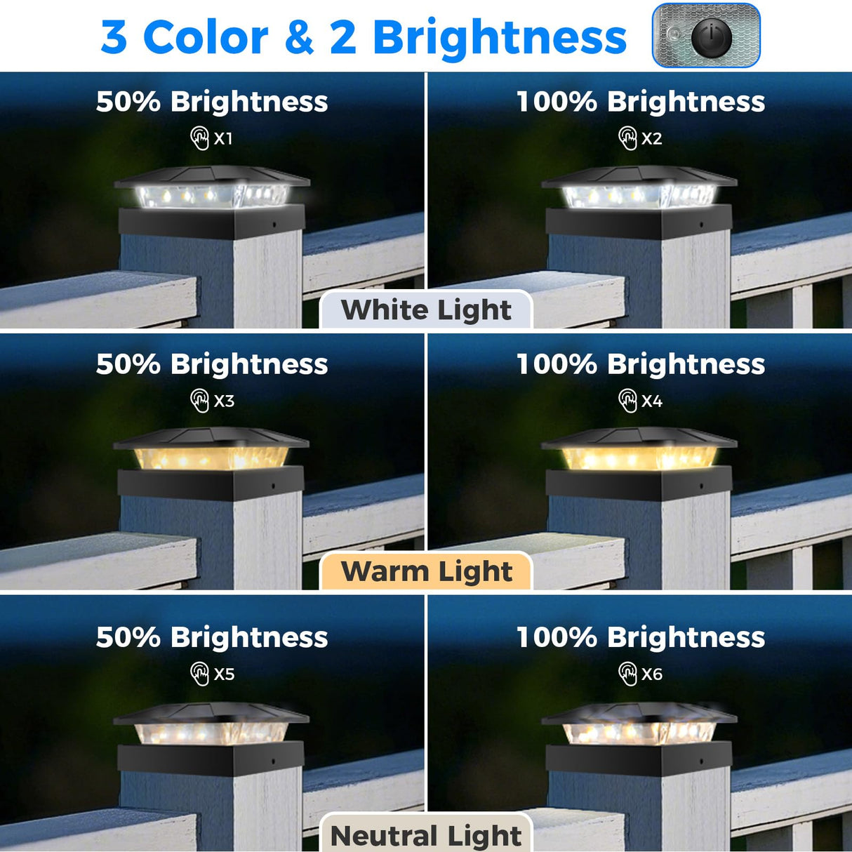 Peasur 4x4 Solar Post Cap Lights Outdoor with 3 Modes, 4 Packs LED Post Light Solar Powered Waterproof, 4x4/3.5×3.5 Wood/Vinyl Fence Posts Lights for Deck Railing Porch Mailbox Outside