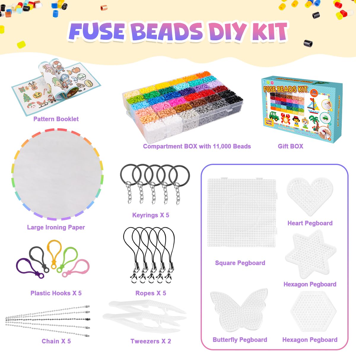 Meland Fuse Beads Kit - 11,000 pcs 36 Color Beads for Craft for Girls Age 5-12 Year Old,5MM Melty Beads Set Including 5 Pegboards, Ironing Paper & Chain Accessories Iron Beads Christmas Birthday Gift
