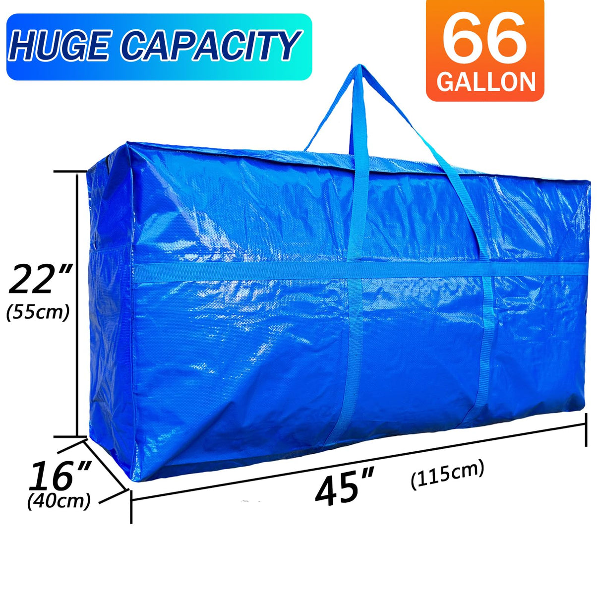 66 Gallon Extra Large Storage Bags, Huge Moving Bags Heavy Duty with Zipper and Stronger Handles, Big Foldable Duffle Bag for Travel, Storage Totes Moving Boxes for College, Christmas Tree,Blue,2 Pack