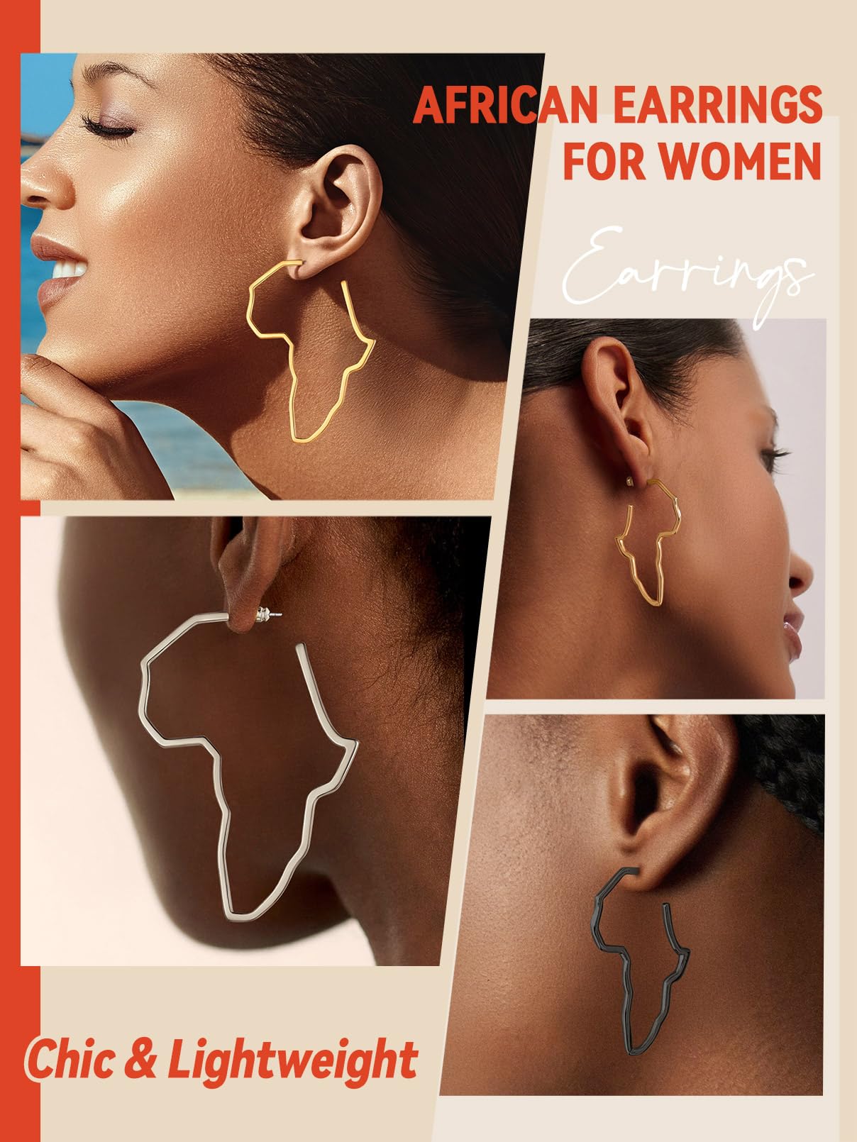 FaithHeart Gold Hoop Earrings for Women, Trendy 14K Gold Plated Large African Map Huggie Hoop Earrings Non Tarnish Everyday Jewelry