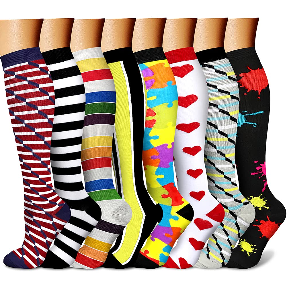 CHARMKING Compression Socks for Women & Men (8 Pairs) 15-20 mmHg Graduated Copper Support Socks are Best for Pregnant, Nurses - Boost Performance, Circulation, Knee High & Wide Calf (L/XL,Multi 10)