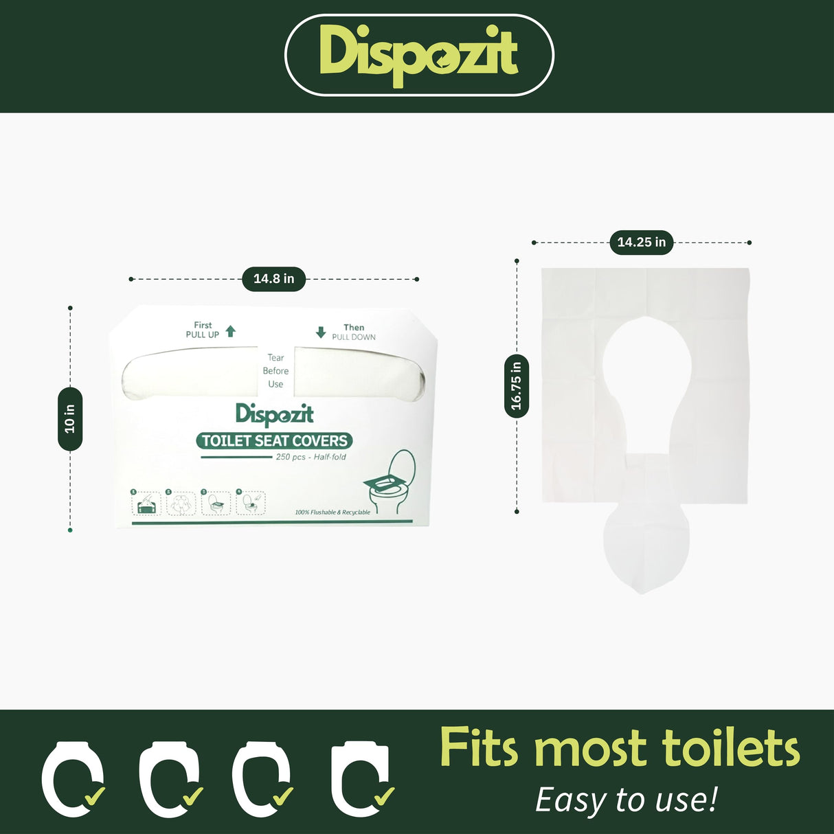 1250 Pcs Disposable Flushable Toilet Seat Covers (5 Packs of 250 Pcs) | 100% Biodegradable Commercial Toilet Seat Covers | Half-Fold Wall Dispenser Compatible | DISPOZIT Safe Liners
