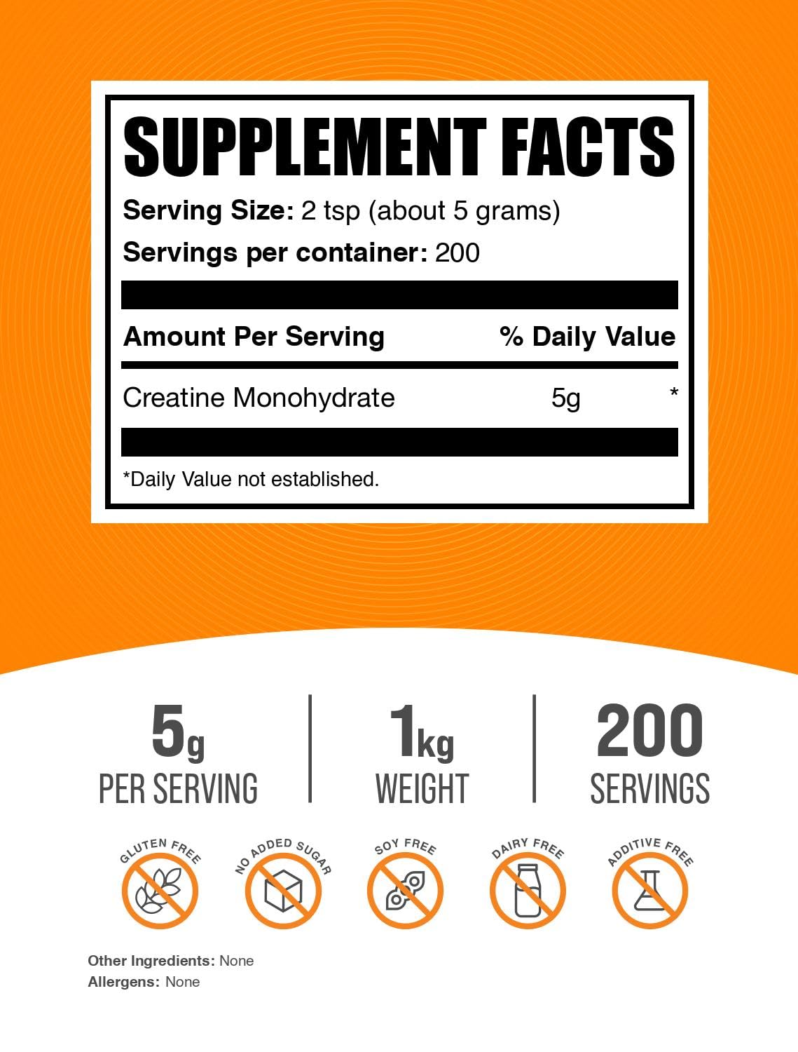 BulkSupplements.com Creatine Monohydrate Powder - Creatine Supplement, Micronized Creatine 1kg, Creatine Powder - Unflavored & Gluten Free, 5g (5000mg) per Servings, 1kg (2.2 lbs) (Pack of 1)