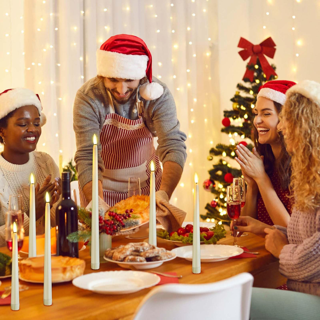 Rossesay 24 Pcs Flameless LED Taper Candles Battery Operated Candles 8.58'', 9.69'', 10.98'', 12.91'', 12.8'' Flameless Candlesticks Flickering for Halloween Christmas Church Wedding(Ivory)