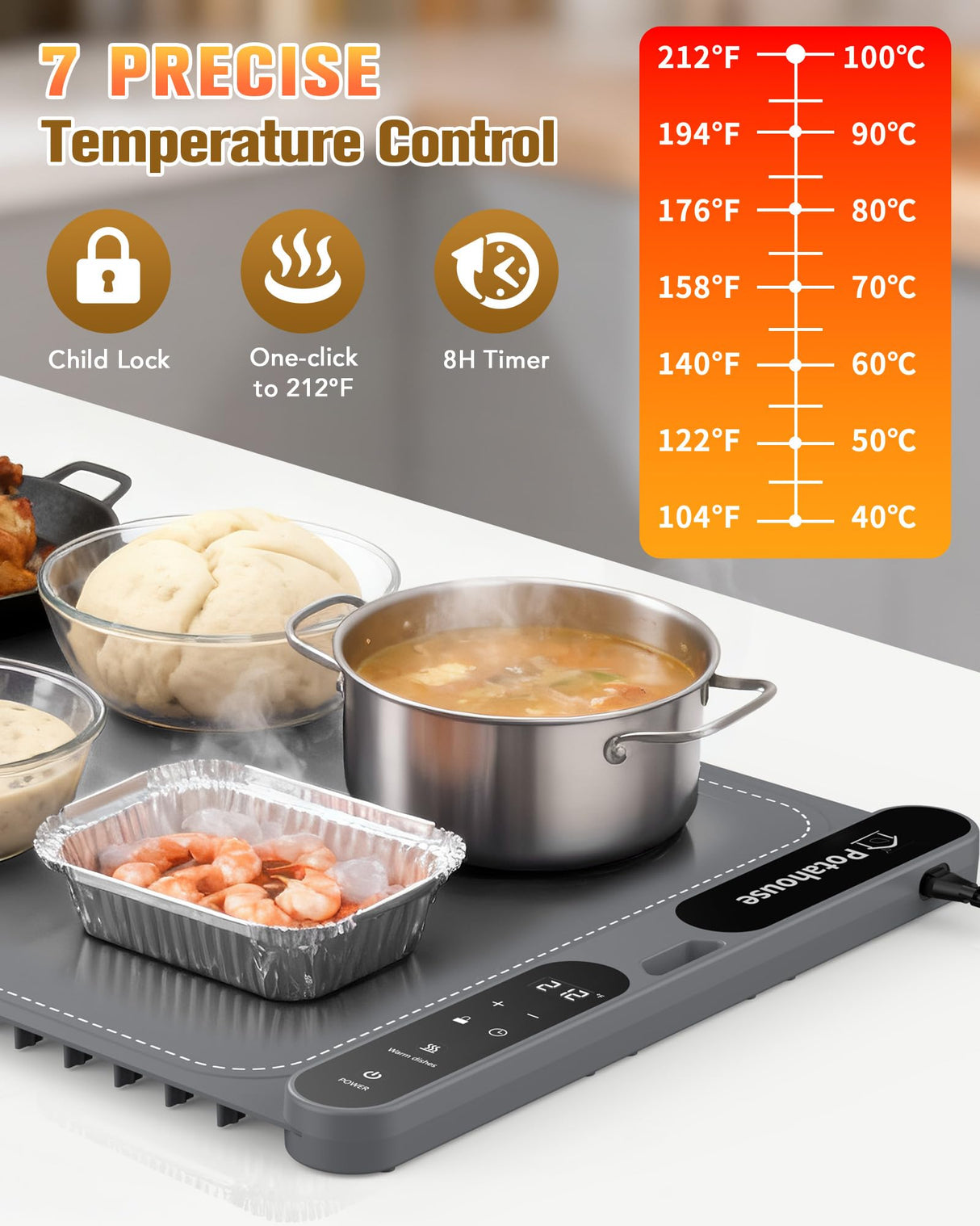 Potahouse Food Warming Mat, 5s Fast Heating,Electric Warming Tray with 7 Temp 8 Timer Settings,Rollable & Portable Food Warmer for Parties,Buffet,Home and Travel Use