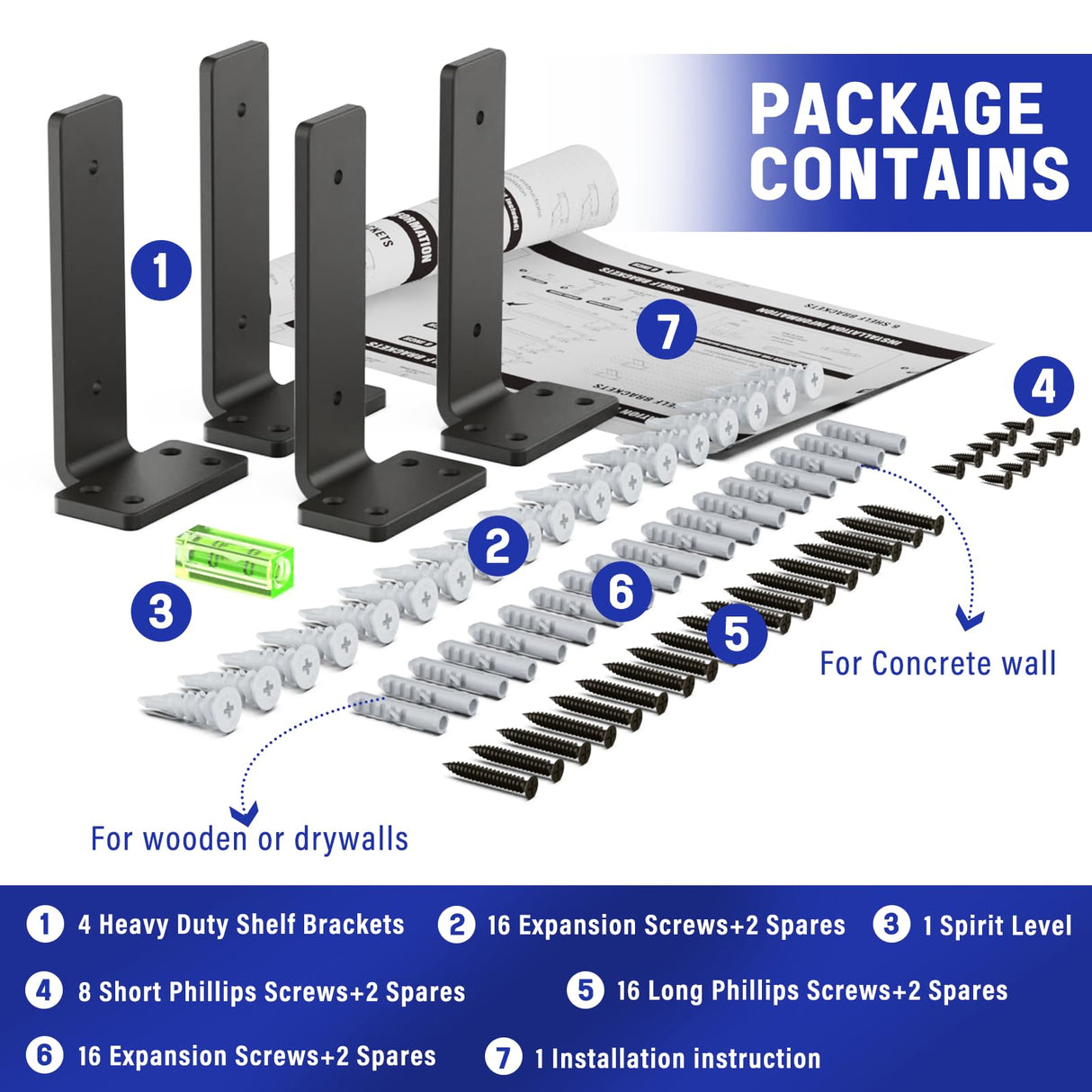 Goovilla Shelf Bracket, Heavy Duty Floating Shelf Brackets 6 inch Long, 4 Pack Brackets for Shelves, Black Coated Metal Wall Shelf Support Brackets with 1/5 Inch Thick and 160 lb. Load Capacity